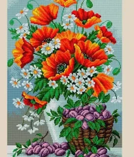 Набор для вышивки крестиком натюрморт "Маки и ромашки", 30×40 см, мініатюра 1