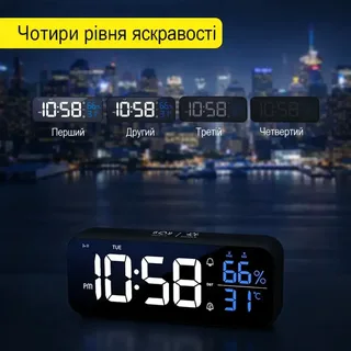 Настольные электронные часы будильник акумуляторные с термометром и гигрометром, мініатюра 3