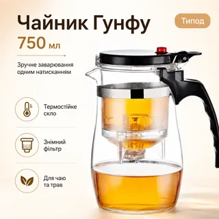 Заварочный чайник гунфу из жаропрочного стекла с металлическим фильтром и складной крышкой 750 мл, мініатюра 2